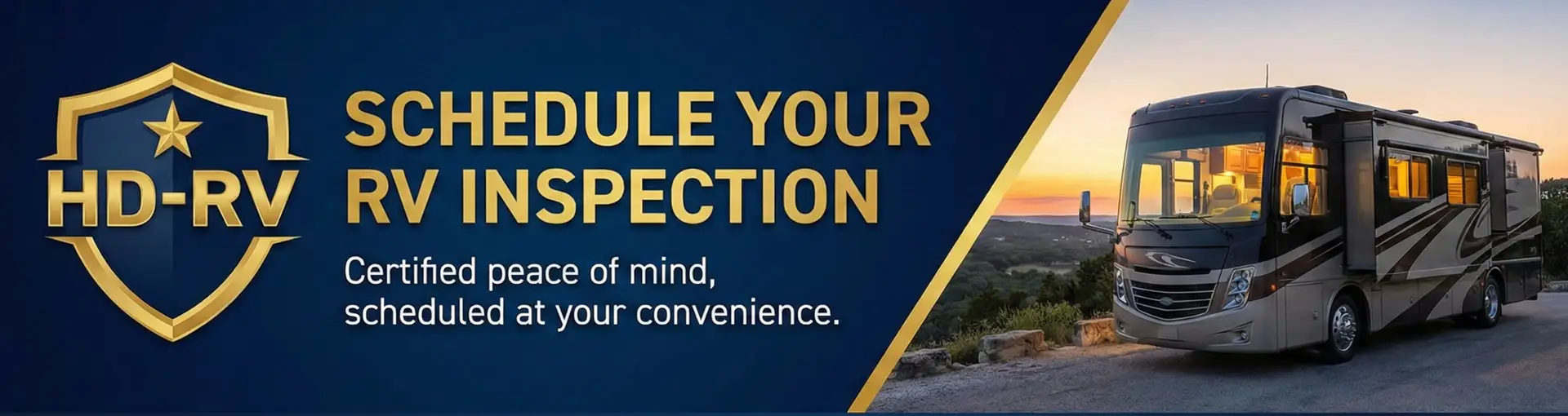 RV Inspection Seller Requirements - HD-RV Texas HD-RV seller requirements banner featuring a Class A Motorhome and Fifth Wheel on a Texas highway, symbolizing the pre-purchase inspection process.