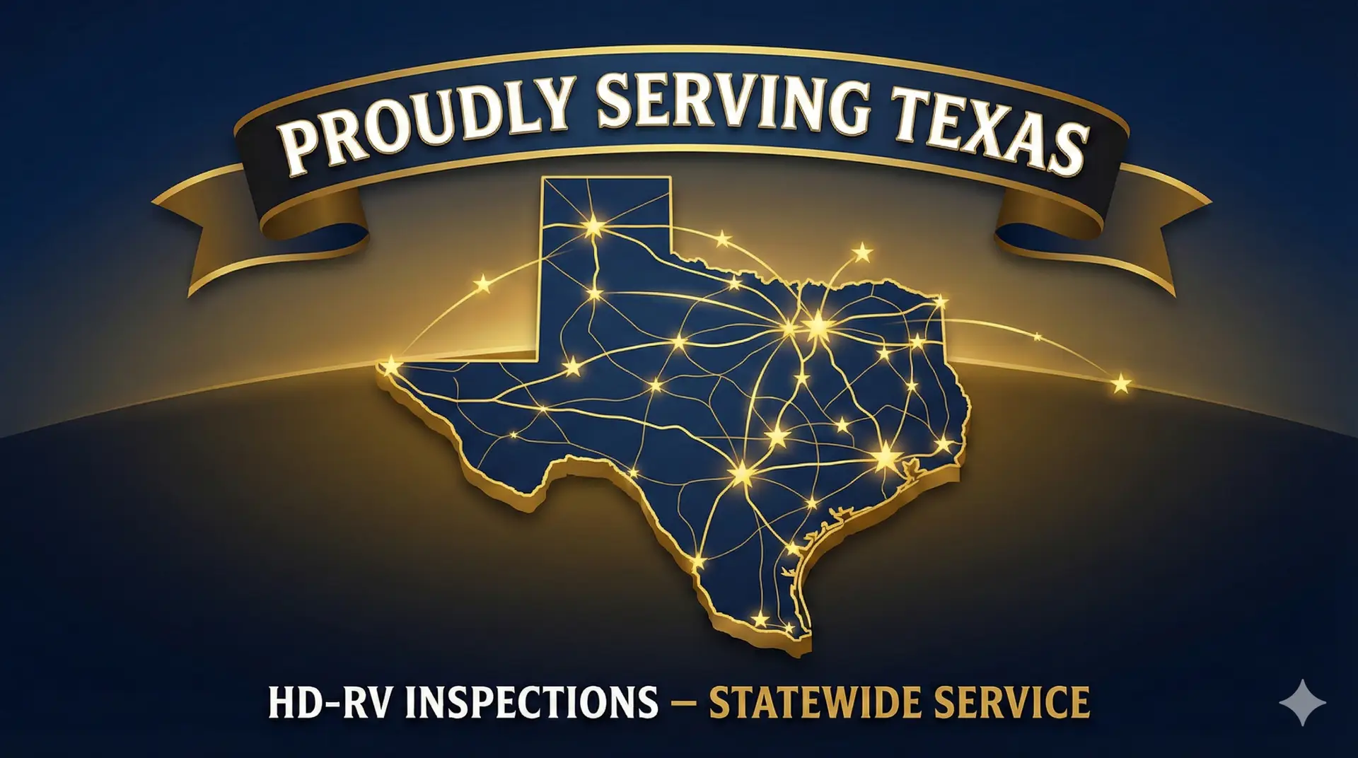 Proudly Serving Texas - Statewide Mobile RV Inspections HD-RV mobile RV inspection service banner featuring a Texas landscape and the text Proudly Serving Texas, representing statewide coverage for Austin, Dallas, Houston, and San Antonio.