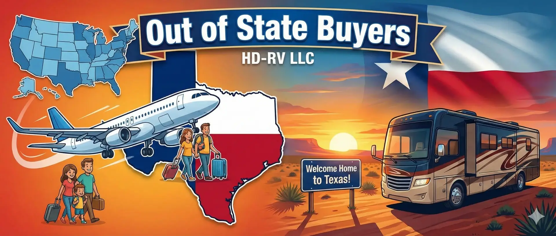 Out of State RV Buyer Flying to Texas - HD-RV Inspection Services View from airplane window flying into Texas for an RV purchase, showing a Class A Motorhome on a highway, representing out-of-state RV inspection services by HD-RV